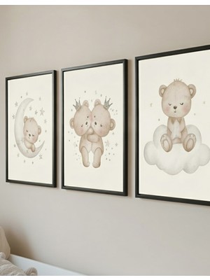 Safir Design Lüks Bej ve Krem Bulut ve Taçlı Ayıcık Bebek Odası 3lü Tablo Seti | Modern Çerçeveli Tablo