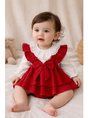 Bebeva Baby Kız Bebek %100 Pamuklu Fisto Dantel Yakalı Büyük Fiyonklu Kadife Görünümlü Urzalo Özel Gün Elbisesi - Kırmızı
