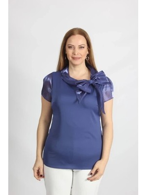 Moda Berray 3176 Yakası Fiyonk Detaylı Saten Bluz Lacivert