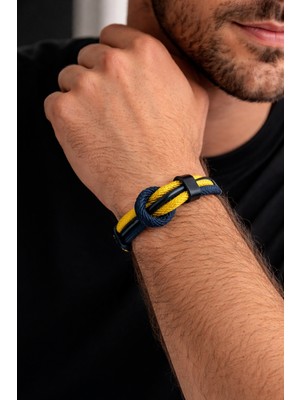 Herşey Nota Sarı Lacivert Hakiki Deri Örgü Erkek Bilekli