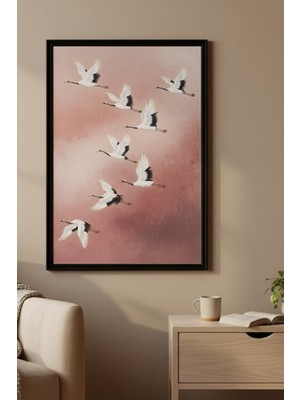 Safir Design Lüks Pembe ve Beyaz Uçan Turna Kuşları Duvar Sanatı | Modern Çerçeveli Tablo