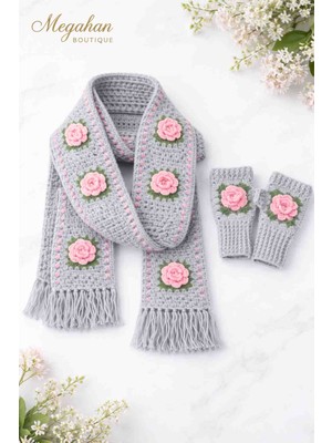 Megahan Boutique Megahan El Orgu Gri Pembe Trend Atki Eldiven takım