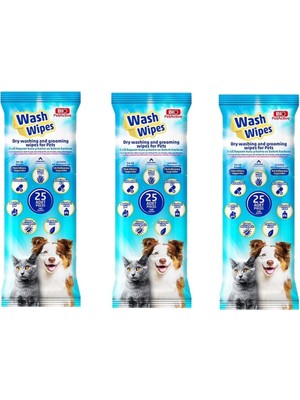 Bio PetActive Wash Wipes Kuru Yıkama ve Bakım Havlusu 25 Li x 3 Paket