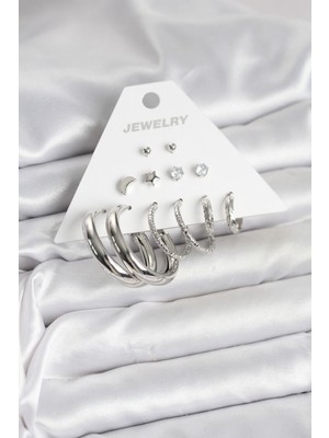 Nuveden Ieg™ Pirinç Gümüş Renk Halka Modelli 6 Çift Kadın Küpe NVDN-RSBJT34