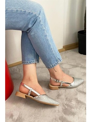 M&B COLLECT Kadın Gümüş Simli Arkası Acık Sivri Burun Günlük Babet