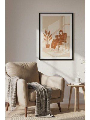 Safir Design Lüks Tarçın ve Bej Kitap Okuyan Kadın Duvar Sanatı | Modern Çerçeveli Tablo