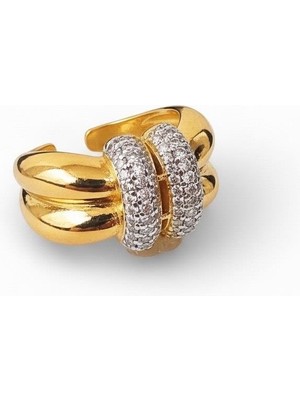 Cesicey Çelik Ring Yüzük Zirkon Taşlı Ayarlanabilir  Altın Renk