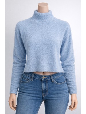 Lara Giyim Yarım Boğazlı Kadın Crop Kazak Sakallı Rahat Örme Kazak Triko Kazak Mavi