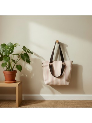 Moka Pasaj - Keten Kanvas Kumaş Shopper Tote Omuz Çantası - Çizgili
