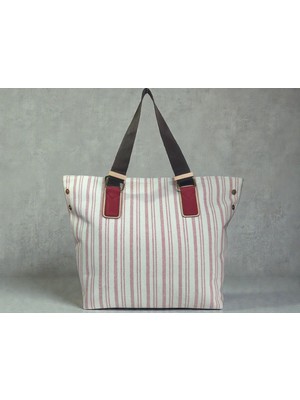 Moka Pasaj - Keten Kanvas Kumaş Shopper Tote Omuz Çantası - Çizgili