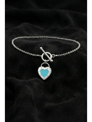 Roza Silver 925 Ayar Turkuaz Mineli Kalp Kilit Detaylı Charm Gümüş Bileklik (Ayarlanabilir)