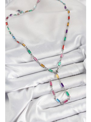 Pirinç Renkli Zirkon Taşlı Dikdörtgen Model Gümüş Renk Kadın Y Kolye - Lisinya