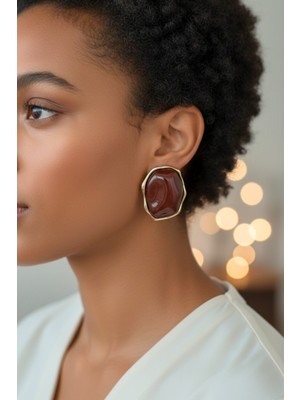 Sassy Takı Büyük Taşlı Gold Detaylı Zara Model Küpe - Kahverengi