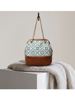 Moka Pasaj Etnik Desen Bohem Çanta (Zincir Askılı ) - Mavi Beyaz
