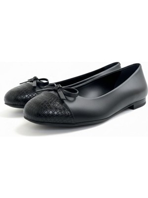 Ne&Ve Shoes Siyah Deri Yılan Baskı Garnili Biye Detaylı Kadın Babet