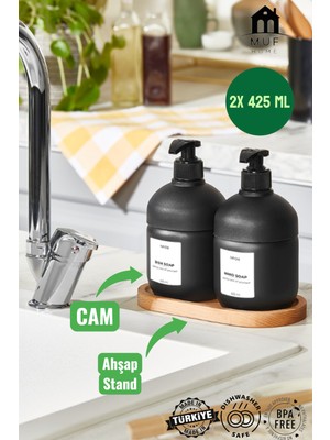 Muf Home Ahşap Altlıklı Lüks Cam Sıvı Sabunluk Seti - Modern Banyo ve Mutfak Tezgah Üstü Dispenser 2x 425ML