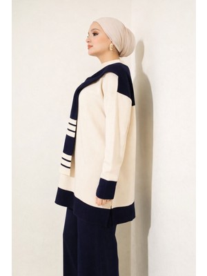 Lara Giyim Tesettür 2 Li Takım Kendinden Atkılı Şerit Detaylı Triko Takım