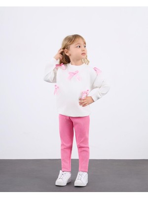 The Littles Kids Kız Çocuk Kurdele Süslemeli Beli Lastikli Fitilli Taytlı Şardonsuz Mevsimlik Pamuklu Kumaş Alt Üst Ikili Takım