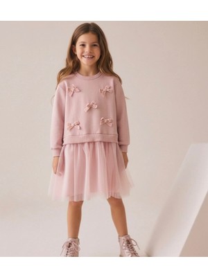 The Littles Kids Kız Çocuk Kadife Kurdele Detaylı %100 Pamuklu Kumaş Tütü Etekli Astarlı Bayramlık Elbise