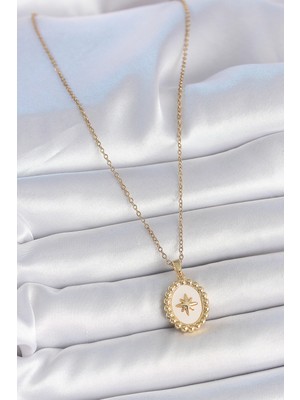 316L Çelik Gold Renk Zincir Beyaz Mineli Kutup Yıldız Işlemeli Madalyon Model Kadın Kolye - Lisinya