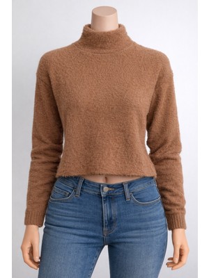 Lara Giyim Yarım Boğazlı Kadın Crop Kazak Sakallı Rahat Örme Kazak Triko Kazak Kahverengi