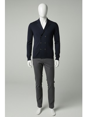 Elevli Erkek Triko Kruvaze Ceket Yaka Ince Hırka Lacivert