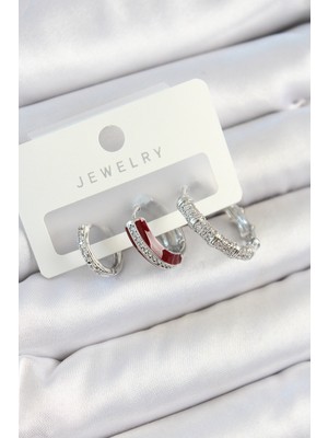 Nuveden Ieg™ Pirinç Zirkon Taşlı Bordo Pembe Halka Model Gümüş Renk 3'lü Çift Kadın Küpe Set Nvd