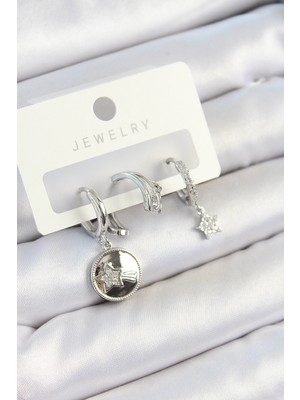 Nuveden Ieg™ Pirinç Zirkon Taşlı Sallantılı Yıldız Model Gümüş Renk 3'lü Çift Kadın Küpe Set