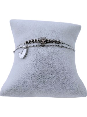 Cesicey Kadın 316L Çelik Çift Zincir Detaylı Baget Taşlı Gümüş Renkli Kararmaz (17+5 Boy) Kalp Aşk Bileklik