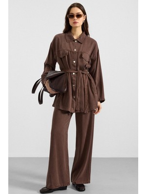 Olcay Çıt Çıt Kapamalı Soft Denim Ceket Pantolon Ikili Takım Kahve 9398-TK