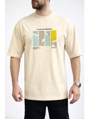 Caddekombin Erkek My Life Is Of Adventure Yazı Baskılı Bisiklet Yaka Bej T-Shirt