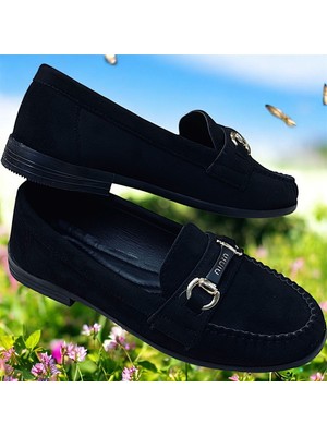 KAFKASLAR AYAKKABI Düz Taban Siyah Süet Günlük Toka Detaylı Kadın Babet Ayakkabı