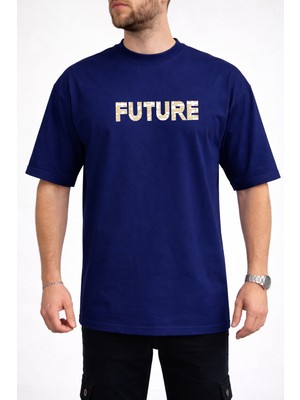 Caddekombin Erkek Future Yazı Baskılı Bisiklet Yaka Lacivert T-Shirt