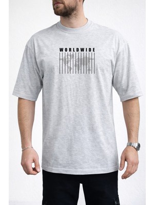 Caddekombin Erkek Dünya Haritası ve Dikey Çizgi Tasarımlı Bisiklet Yaka Gri T-Shirt