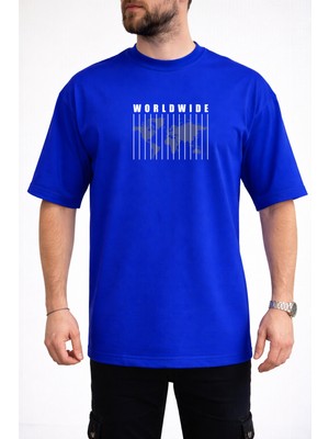 Caddekombin Erkek Dünya Haritası ve Dikey Çizgi Tasarımlı Bisiklet Yaka Saks Mavi T-Shirt