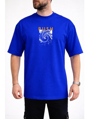 Caddekombin Erkek Vortex Desenli Push Yazı Baskılı Bisiklet Yaka Saks Mavi T-Shirt