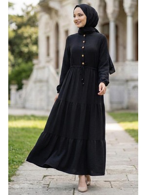 Büzgülü Düğmeli Bağcıklı Ayrobin Elbise Siyah HM268811