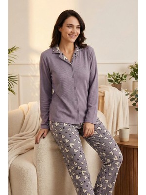 Kadın Lila Kalp Desenli Waffle Pijama Takımı -8