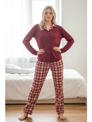 Kadın Kırmızı Ekose Waffle Pijama Takımı - 12