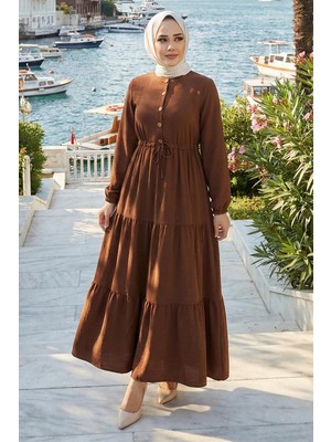 Büzgülü Düğmeli Bağcıklı Ayrobin Elbise Kahverengi HM268811