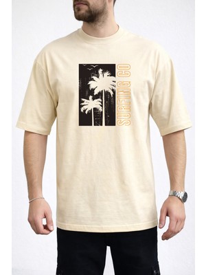 Caddekombin Erkek Palmiye Silüetli Surfing Co Yazı Baskılı Bisiklet Yaka Bej T-Shirt