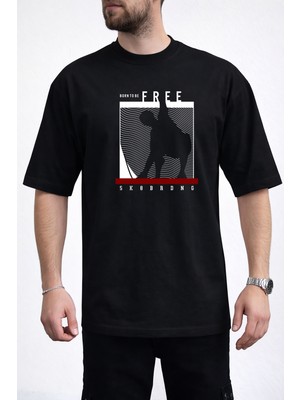 Caddekombin Erkek Born To Be Free Yazı Baskılı Bisiklet Yaka Siyah T-Shirt
