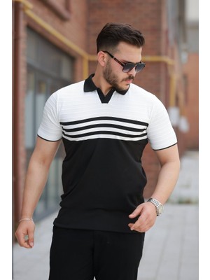 ModaSize Erkek Çizgi Desenli Yakalı Kısa Kollu T-Shirt