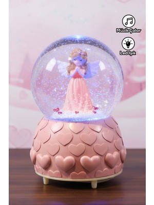 Saravita Pembe Peri Işıklı Müzikli Sihirli Kar Küresi LED Kalpli Melek Romantik Dekoratif Hediyelik
