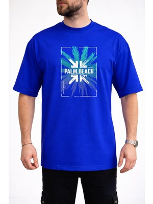 Caddekombin Erkek Turkuaz ve Mavi Palmiye Yaprağı Bisiklet Yaka Saks Mavi T-Shirt