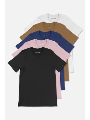 Stoykis Erkek Beyaz Kahverengi Lacivert Pudra Siyah %100 Pamuklu 5 Li T-Shirt Paketi Regular Fit