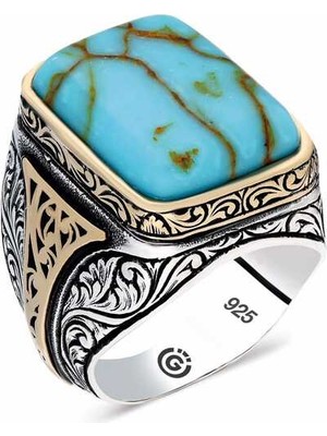 Fumeyabi ​gümüş Turkuaz Çizgi Geçişli Taşlı Kare Erkek Yüzük