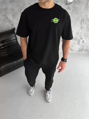 ModaSize Unisex Bisiklet Yaka Baskılı Oversize T-Shirt - Siyah