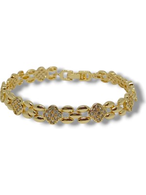 Lunel Accessory Altın Kaplama Zirkon Taşlı Yonca Detaylı Zincir Bileklik – Şık ve Zarif Tasarım