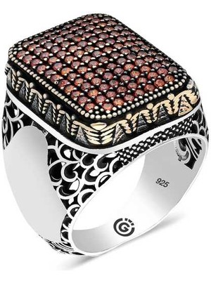 Fumeyabi Gümüş Kırmızı Zirkon Taşlı Kare Erkek Yüzük